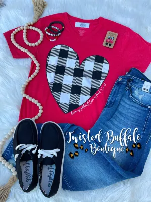 {1ST CORINTHIANS HEART} White   Black Plaid Heart Red V-Neck Tee