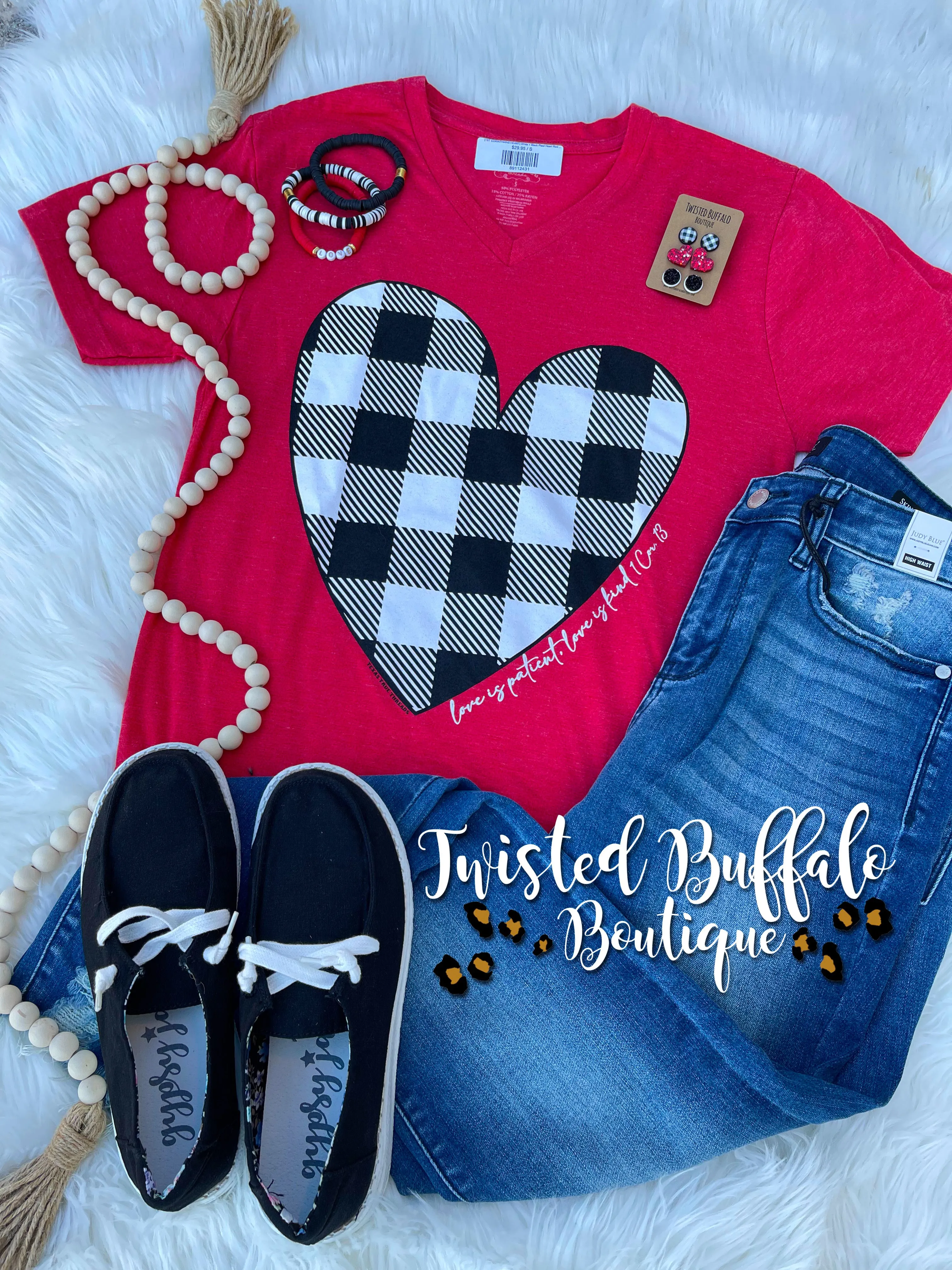 {1ST CORINTHIANS HEART} White   Black Plaid Heart Red V-Neck Tee
