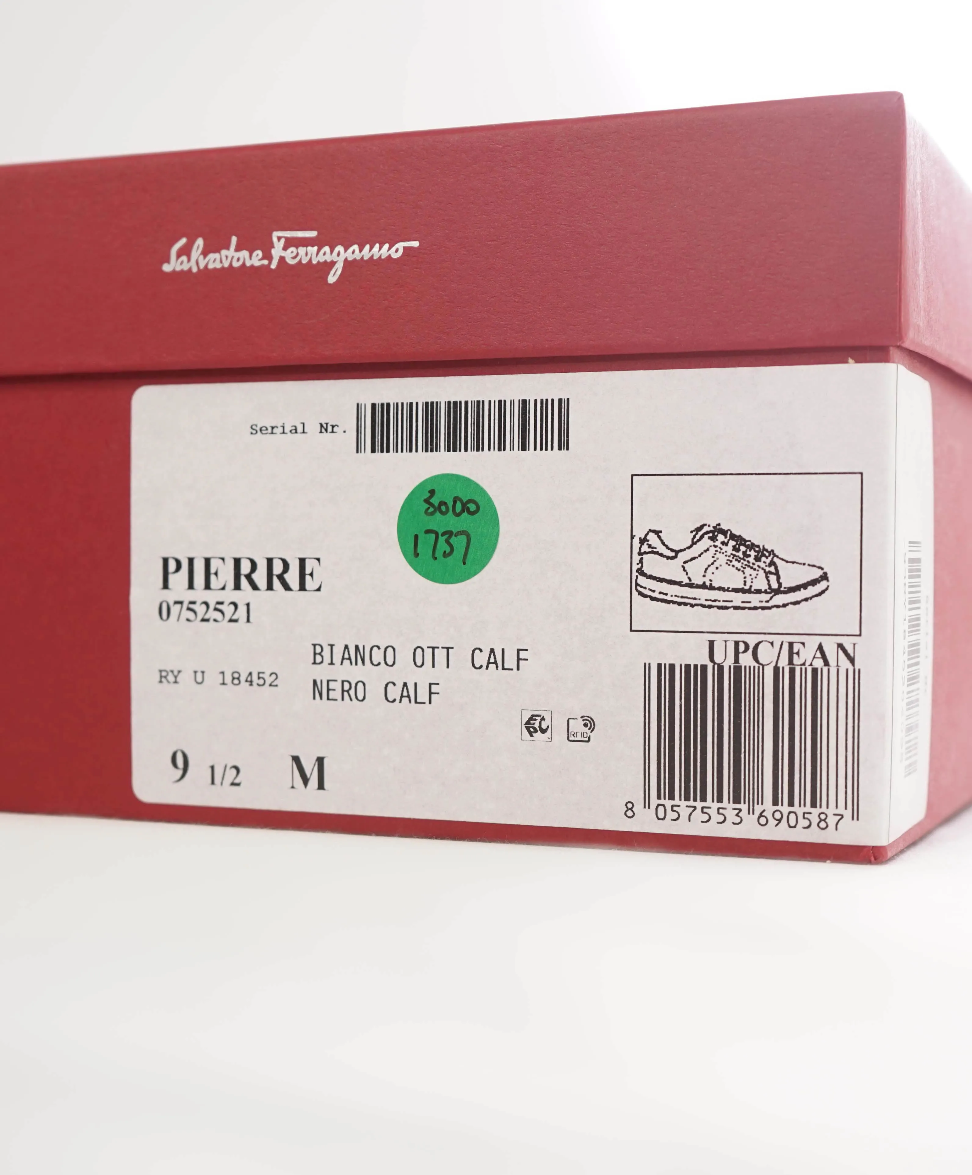 $695 SALVATORE FERRAGAMO - *PIERRE* White/Black Gancini Sneaker - 9.5 M US