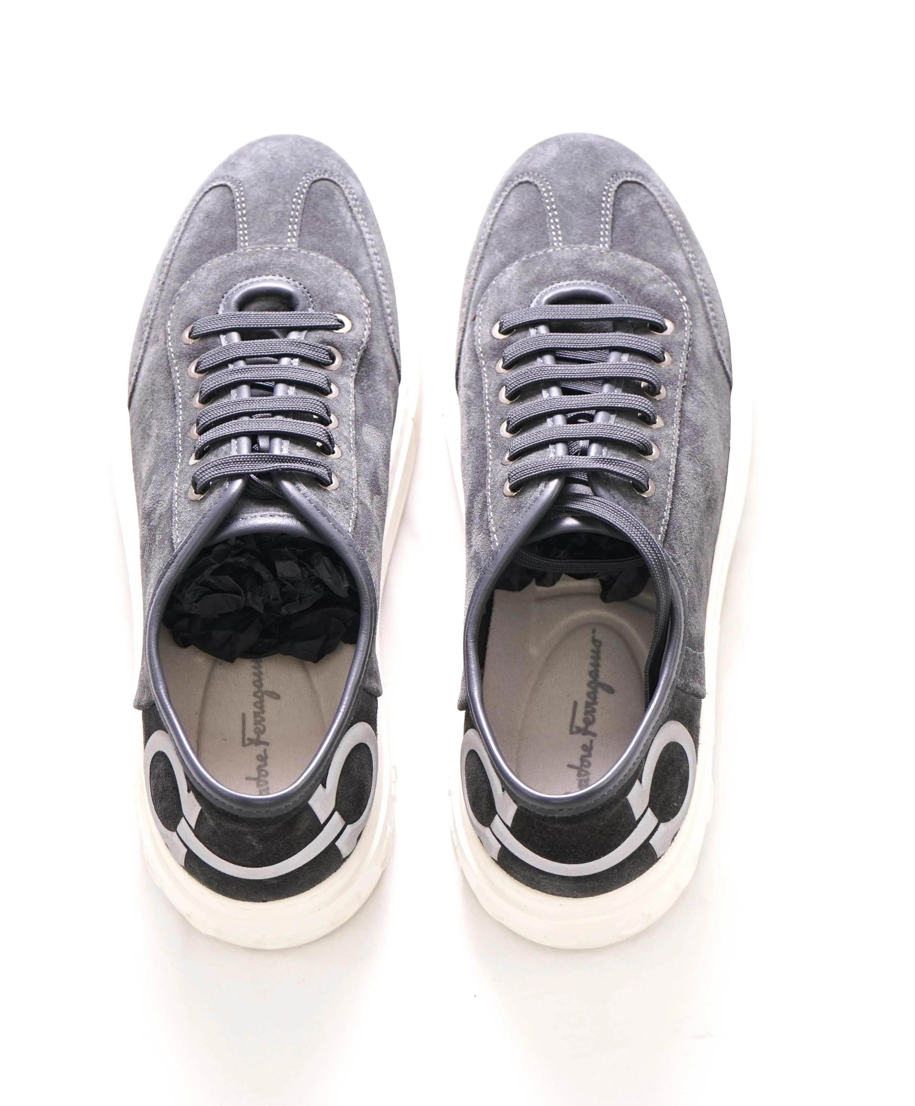 $750 SALVATORE FERRAGAMO - Gray Gancini Logo Sneaker - 8M US