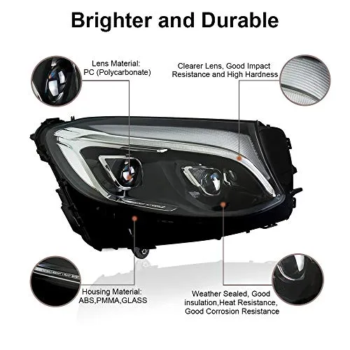 A&K Led Headlight Assembly for Mercedes Benz GLC250 W253 2016 2017 2018 2019 Driver and Passenger Side (Only Suitable for Benz with OEM Halogen Light)