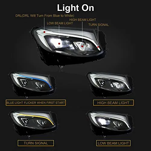 A&K Led Headlight Assembly for Mercedes Benz GLC250 W253 2016 2017 2018 2019 Driver and Passenger Side (Only Suitable for Benz with OEM Halogen Light)