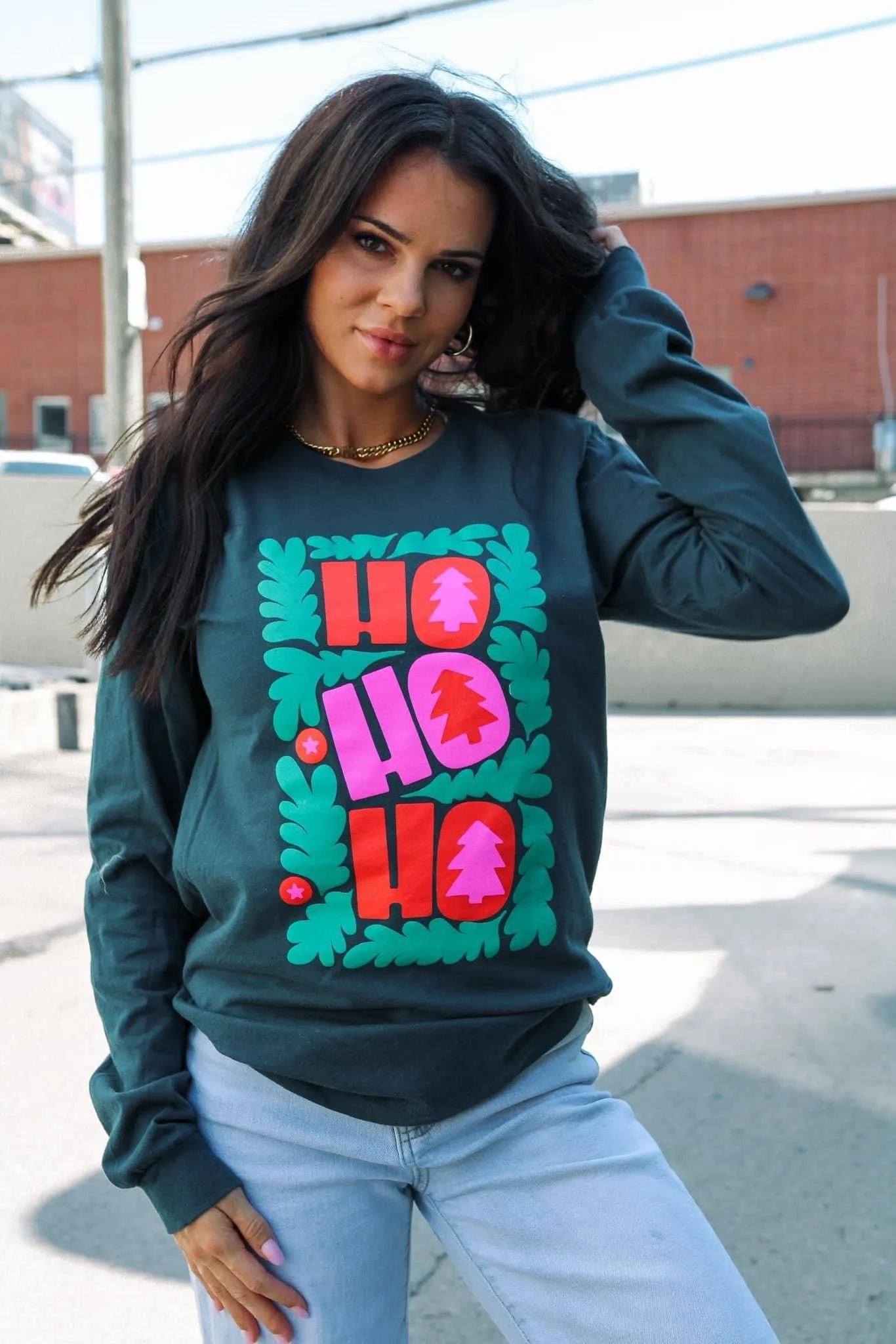 Atlantic Teal {HO HO HO} Crew Neck Long-Sleeve Tee