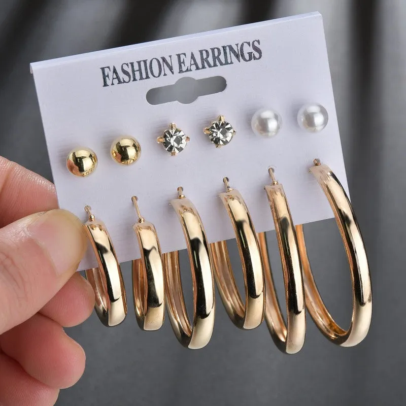 Combo 6 Pair Pearl Stone Studs and Hoop Earrings