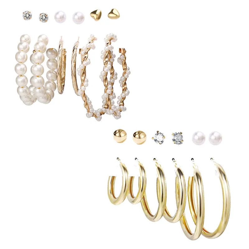 Combo of 12 Pair Pearl Crystal Studs and Hoop Earrings
