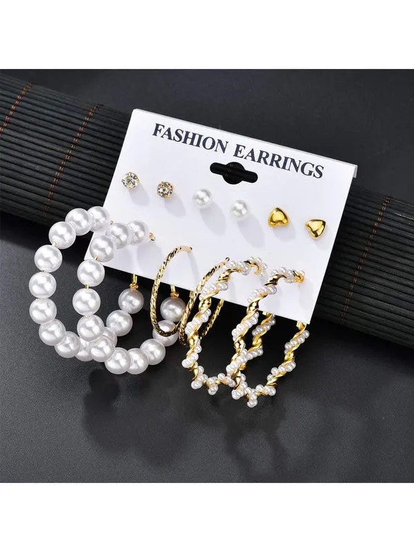 Combo of 12 Pair Pearl Crystal Studs and Hoop Earrings