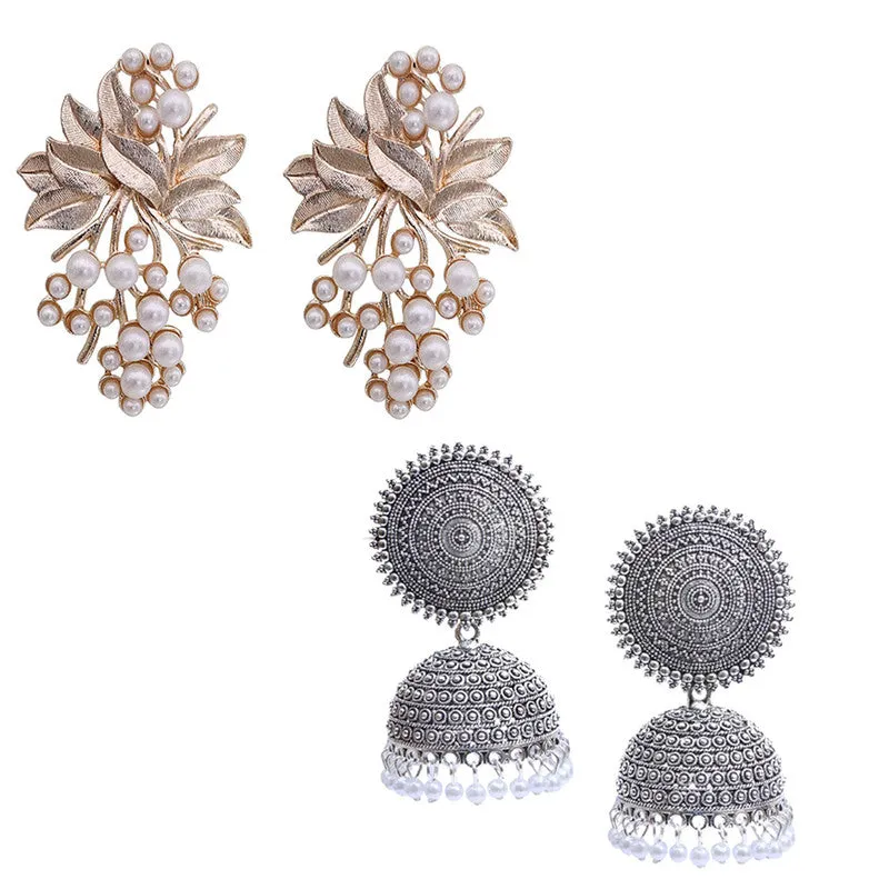 Combo of 2 Pearl stud and Flower Pearl Stud Earrings