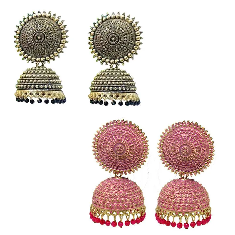 Combo of 2 Pink and Black Pearls Drop Dome Shape Jhumki