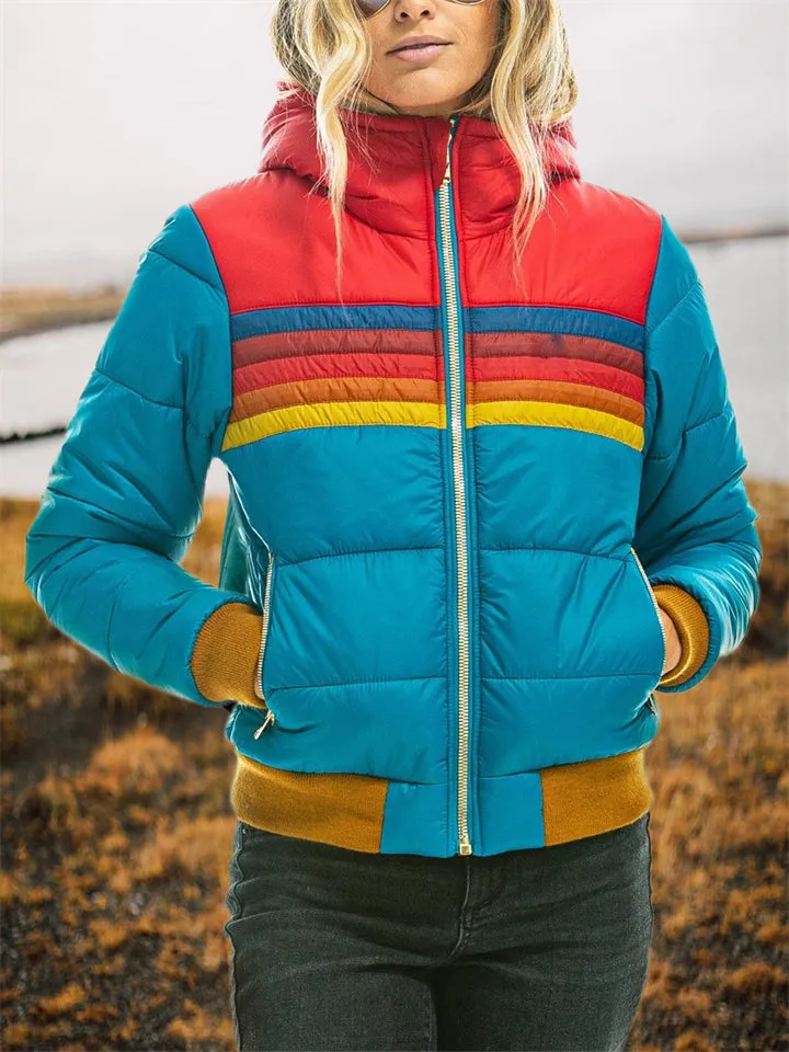 Female Casual Hooded Contrast Color Short Padded Jacket