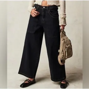 Free People Piper Mid Rise Crop Jean Wide Leg Women's Size 30 Black NEW
