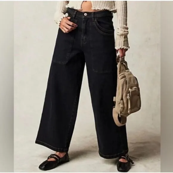 Free People Piper Mid Rise Crop Jean Wide Leg Women's Size 30 Black NEW