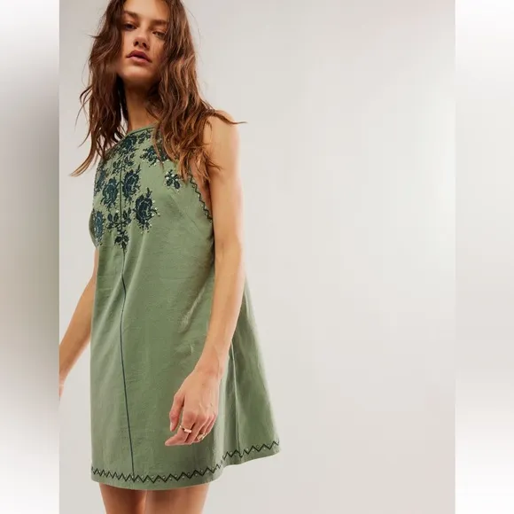Free People Samson Mini Dress Seaspray Green Combo Dress Sequins Beaded Boho