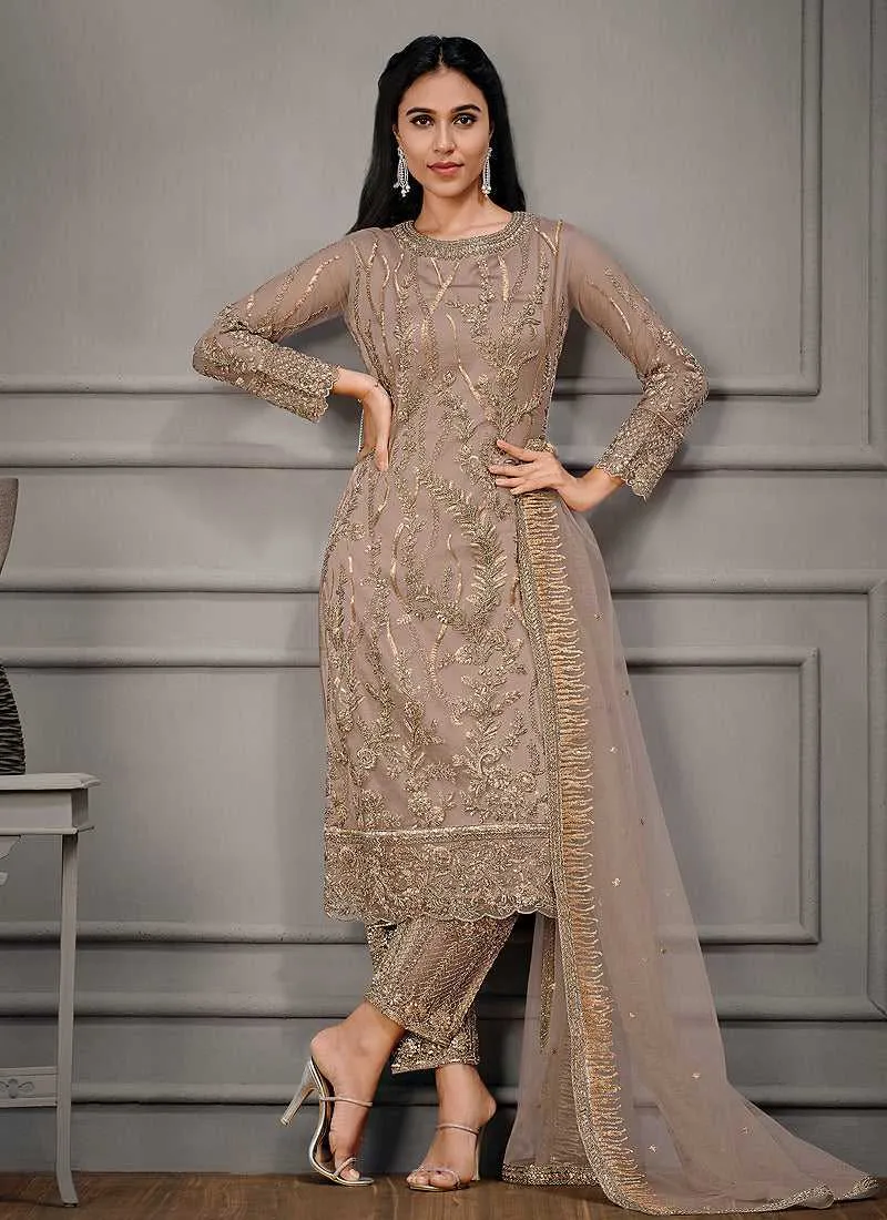 Grey Heavy Embroidered Designer Stylish Pant Suit