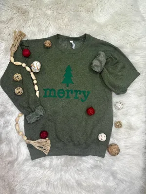 Heather Olive {GREEN MERRY} Puff Ink Crew Neck Sweatshirt