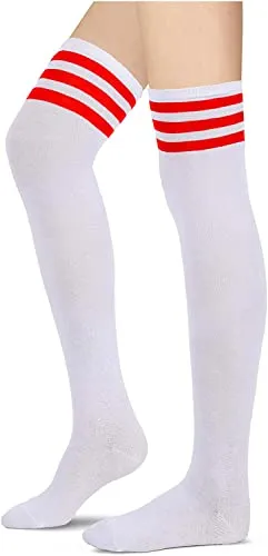 Knee High Socks for Women Teen Girls, Athletic Thigh Highs Tube Socks, Cosplay Costume, Stripes Socks, Sporty Stockings 80s Socks