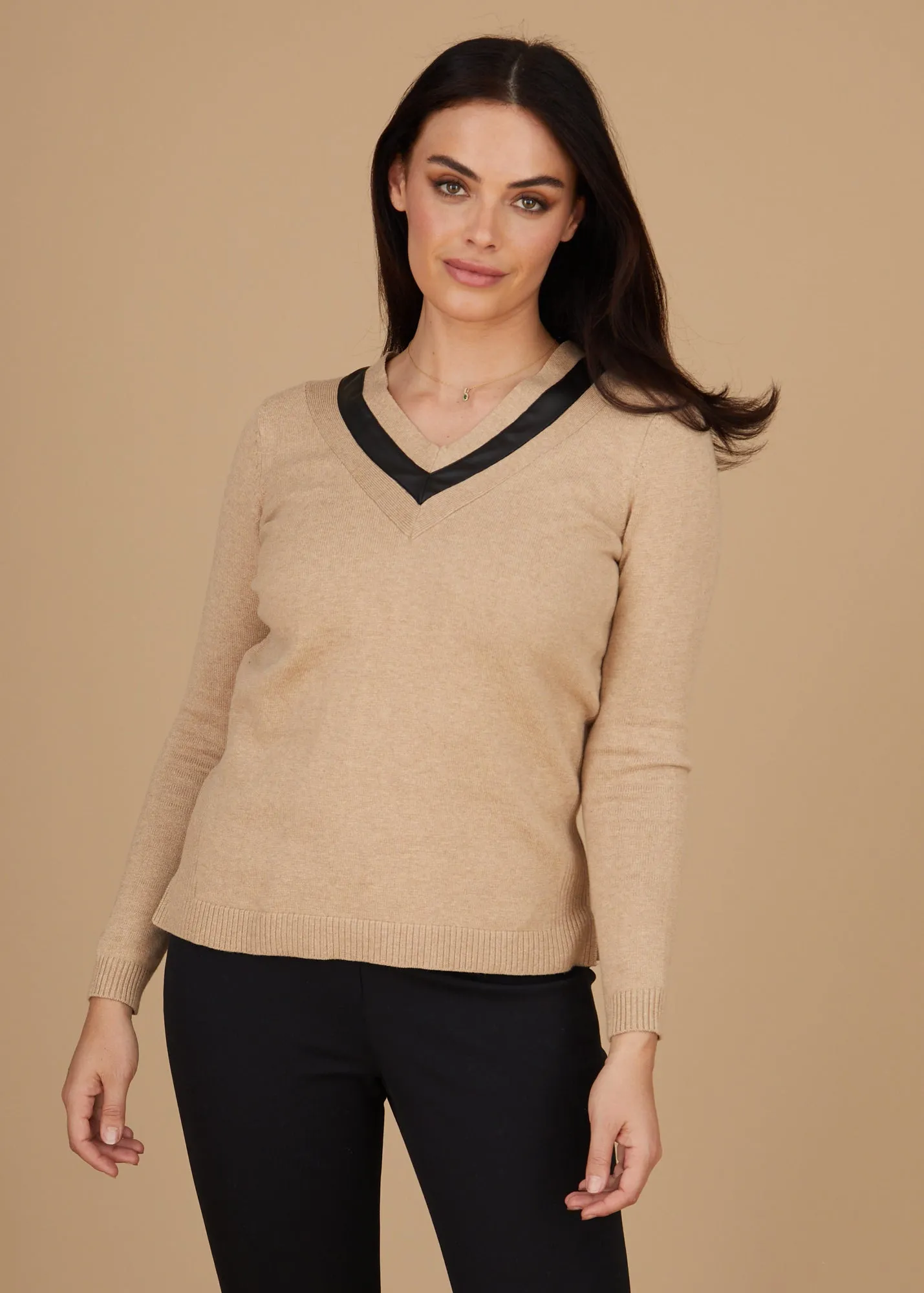 Leather Trim V-Neck Sweater: FINAL SALE