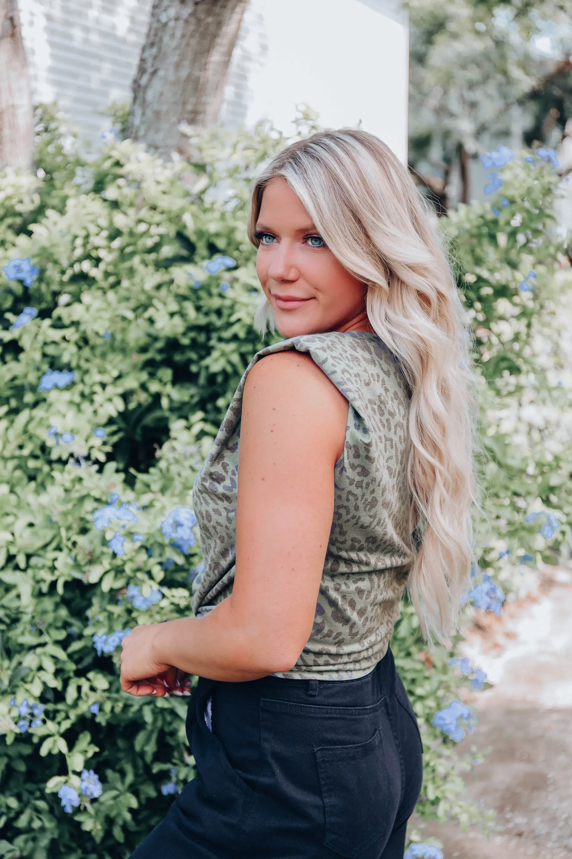 Leopard Print Padded Shoulder Top