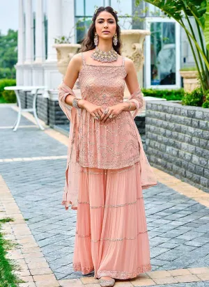 Light Peach Embroidered Stylish Sharara Style Suit