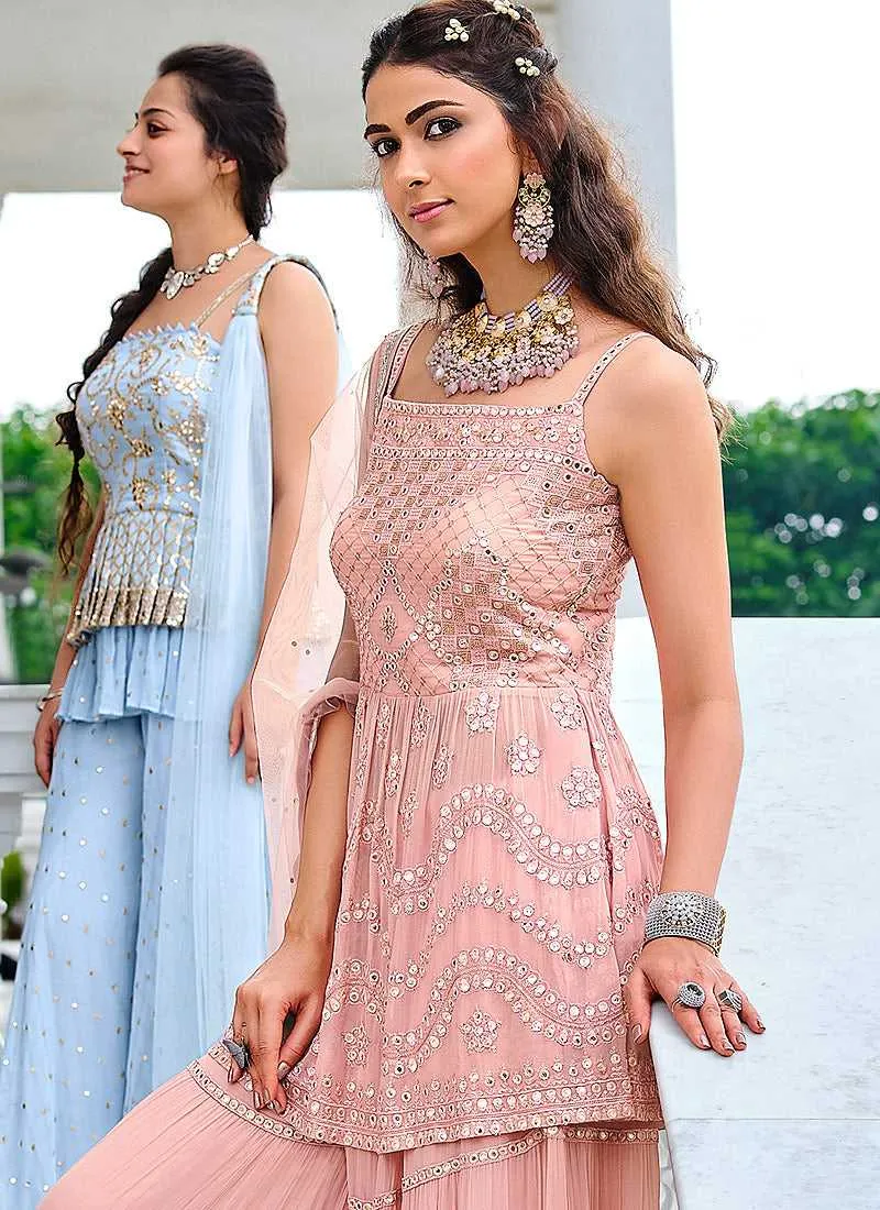 Light Peach Embroidered Stylish Sharara Style Suit