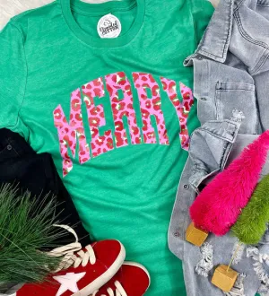 {MAKE ME MERRY} Pink Leopard Kelly Green Crew Neck Tee