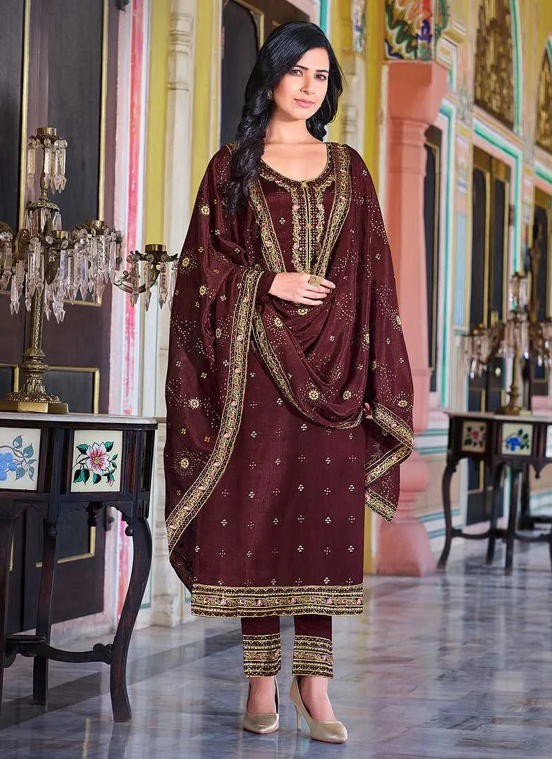 Maroon Embroidered Stylish Straight Pant Suit