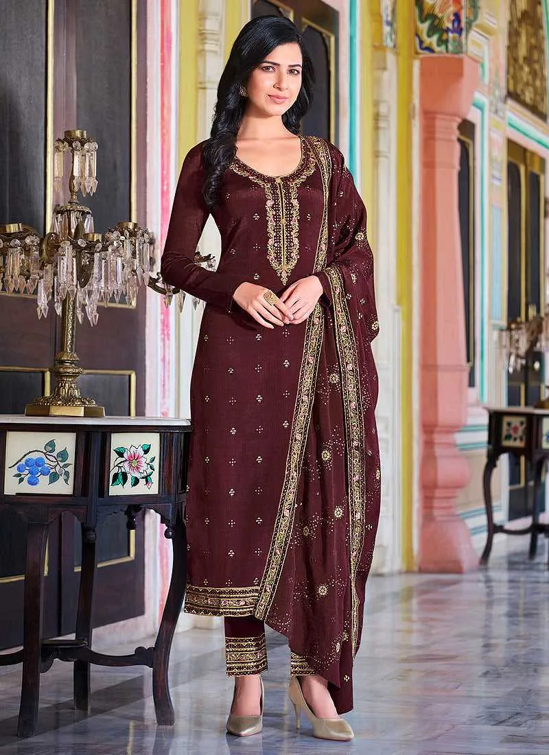 Maroon Embroidered Stylish Straight Pant Suit