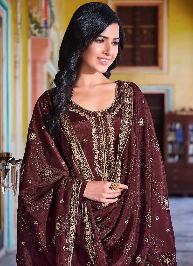 Maroon Embroidered Stylish Straight Pant Suit