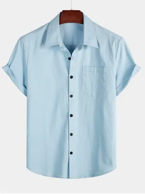 Men's Solid Color Linen Cotton Pocket Casual Button Short Sleeve Shirt