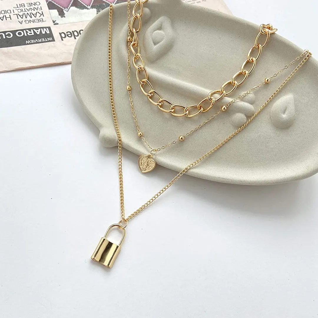 Pack Of 2 Layered Moon Earth Heart Lock Pendant