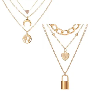 Pack Of 2 Layered Moon Earth Heart Lock Pendant