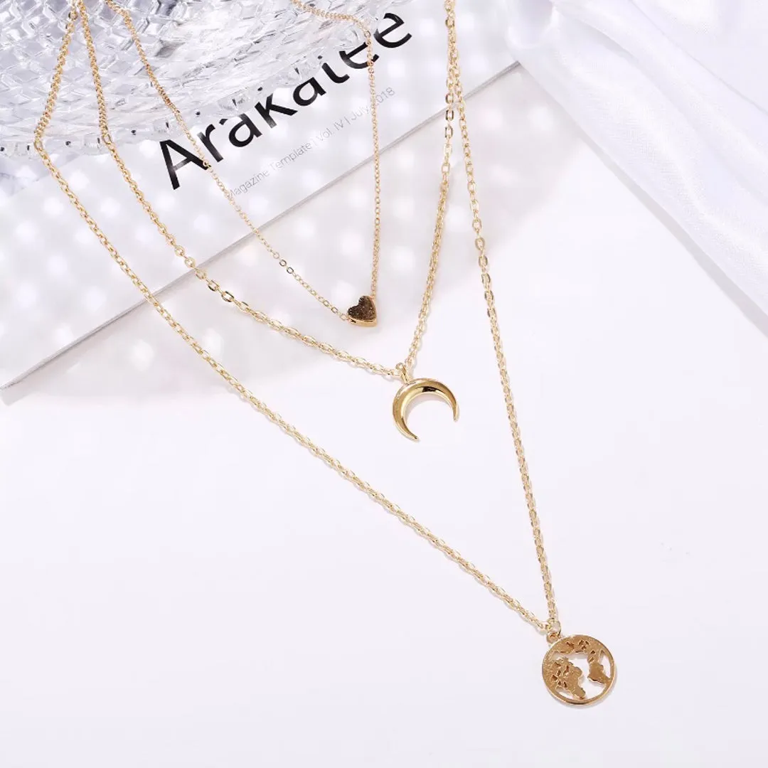 Pack Of 2 Layered Moon Earth Heart Lock Pendant