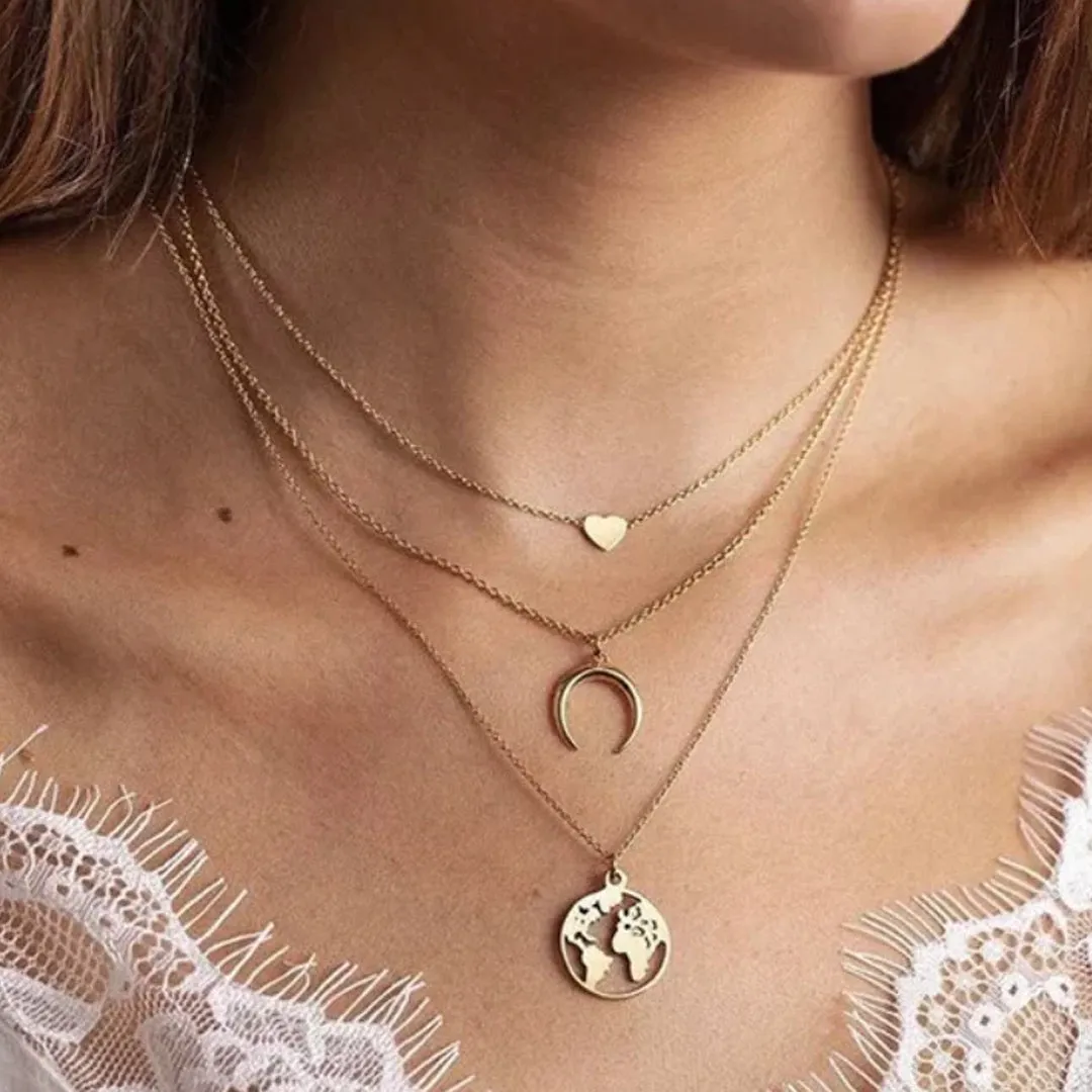 Pack Of 2 Layered Moon Earth Heart Lock Pendant