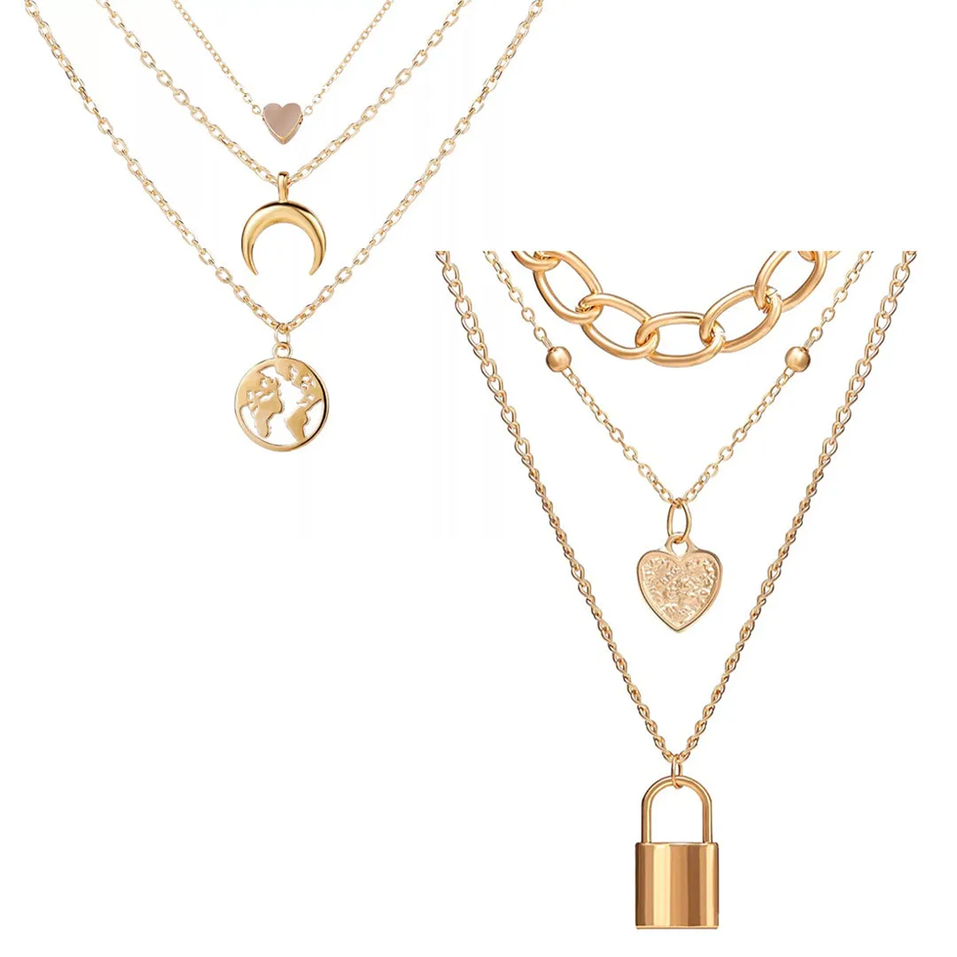 Pack Of 2 Layered Moon Earth Heart Lock Pendant