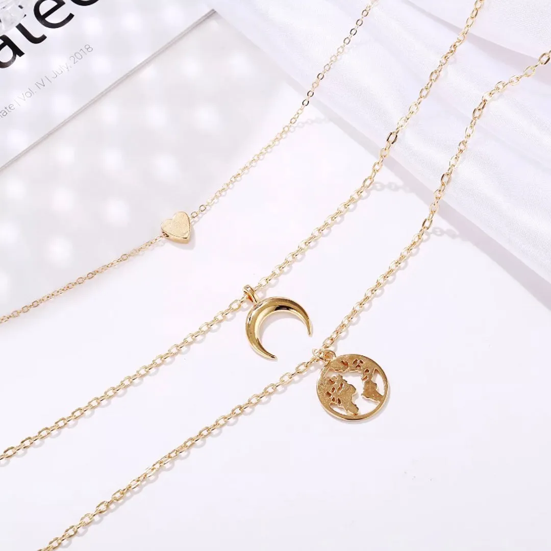 Pack Of 2 Layered Moon Earth Heart Lock Pendant