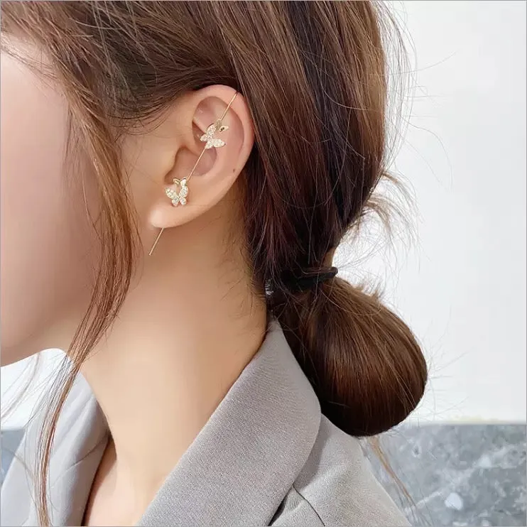 Pack Of 2 Zircon Studded Leaf and Butterfly Ear Cuff