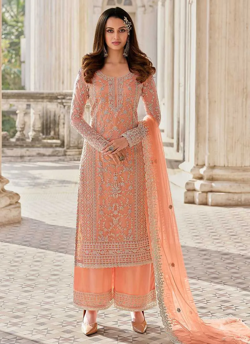 Peach Heavy Embroidered Stylish Palazzo Suit