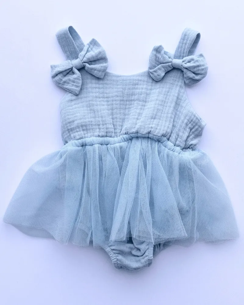 PREORDER! Dawsyn Bow Front Tulle Bubble Romper - Slate Blue