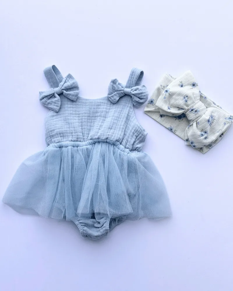 PREORDER! Dawsyn Bow Front Tulle Bubble Romper - Slate Blue