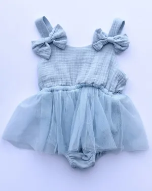 PREORDER! Dawsyn Bow Front Tulle Bubble Romper - Slate Blue