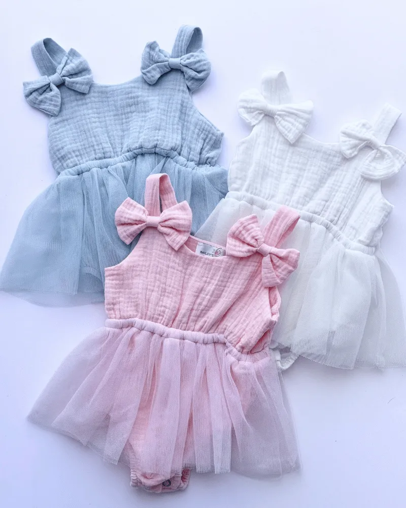 PREORDER! Dawsyn Bow Front Tulle Bubble Romper - Slate Blue