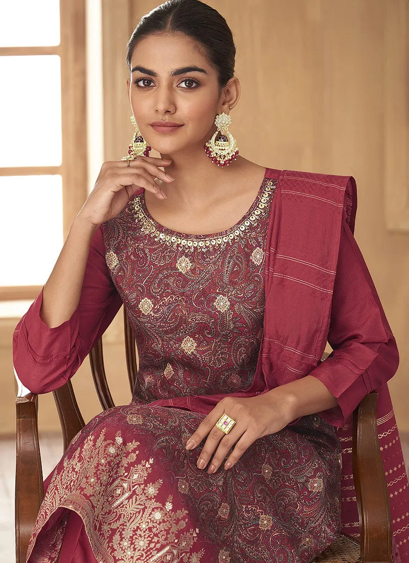 Red Embroidered Stylish Pant Style Suit