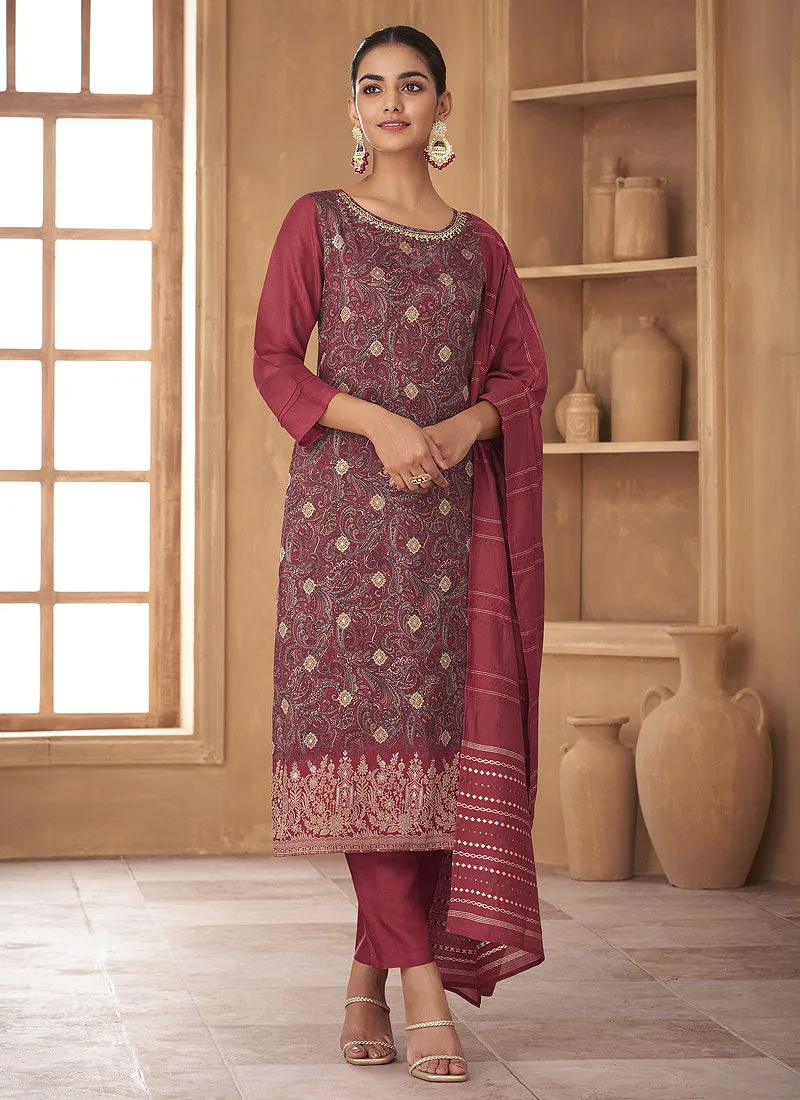 Red Embroidered Stylish Pant Style Suit
