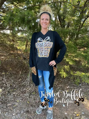{RHYS} Solid Black   Leopard Pocket Cardigan