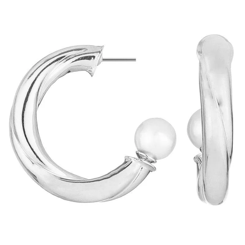 Silver Plated Holding Pearl Hoop Earrings