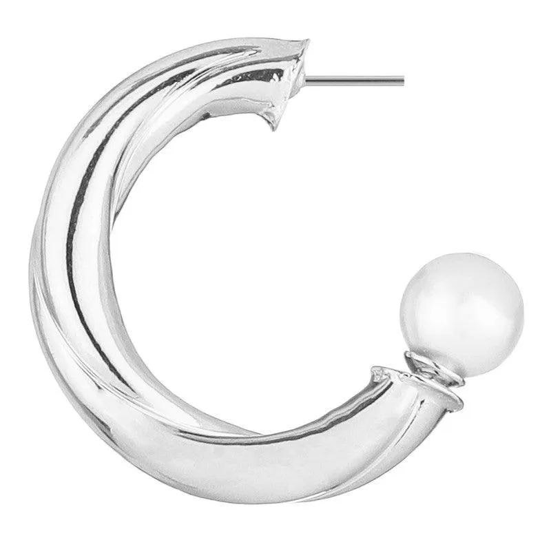 Silver Plated Holding Pearl Hoop Earrings