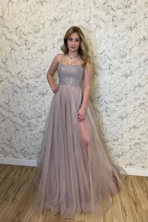 Stylish A-Line Tulle Beads Long Prom Dress With Slit Spaghetti Straps Evening Dress OK1220