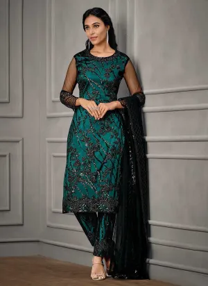 Teal Heavy Embroidered Designer Stylish Pant Suit
