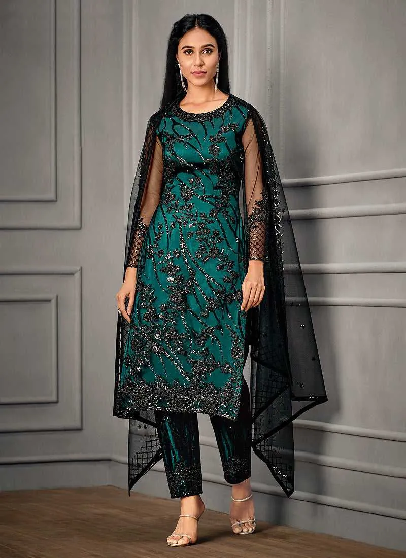 Teal Heavy Embroidered Designer Stylish Pant Suit