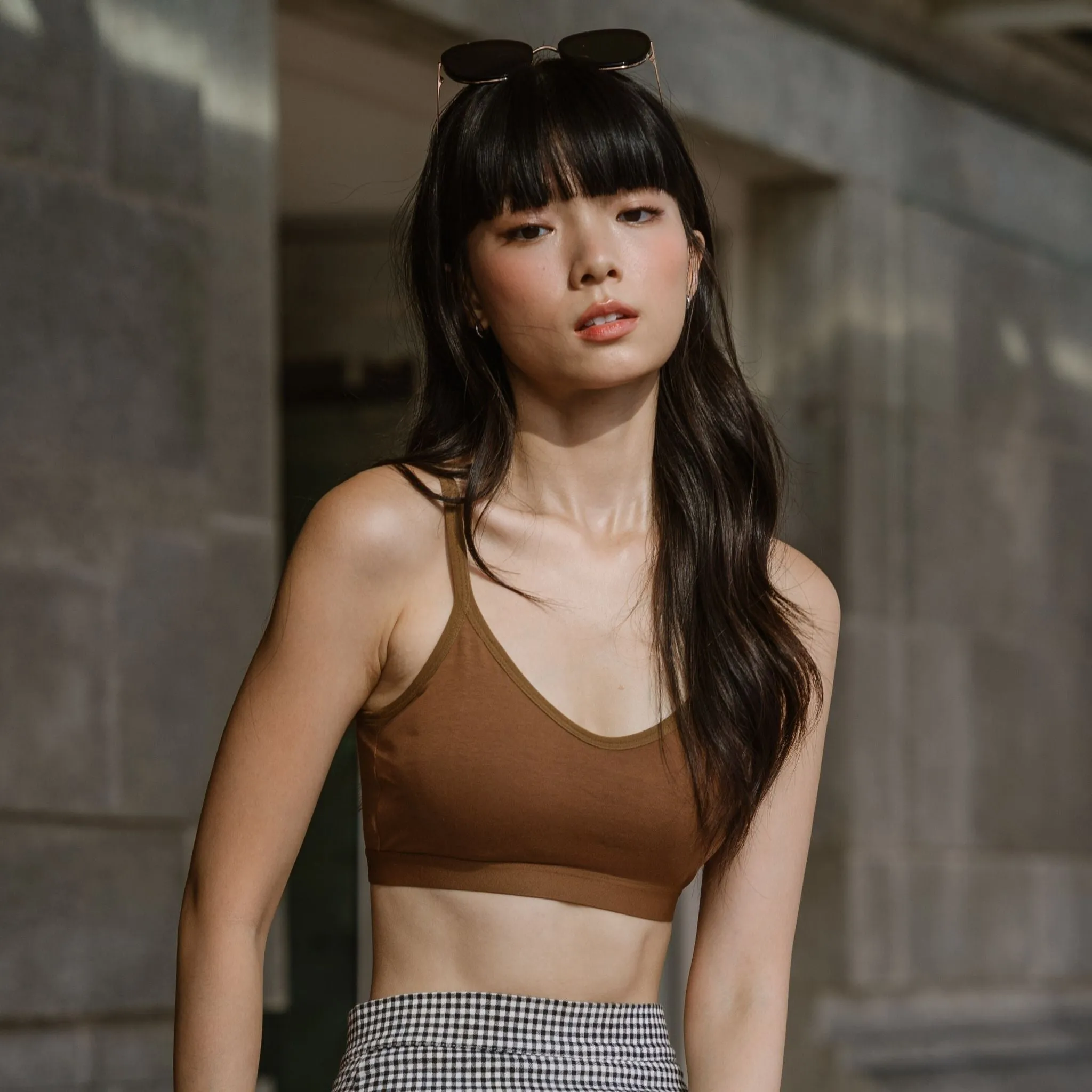 Urban Edge! Mini-Crop Sweetheart Bra Top (Solid Cotton) in Creme Espresso