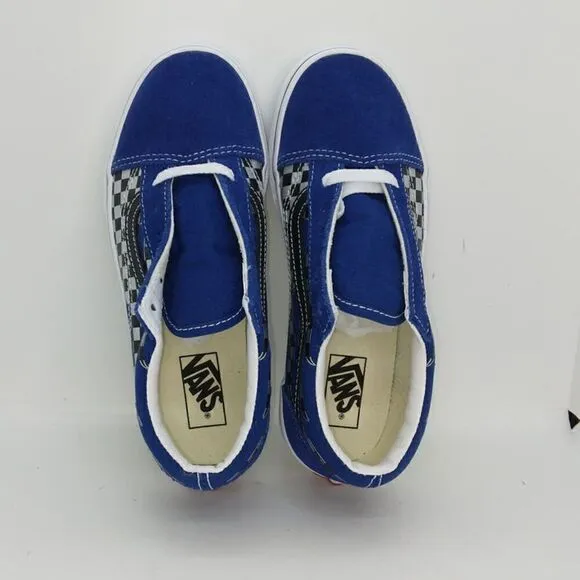 VANS Old Skool Boys NEW Reflective Checkered Flame Blue Sneakers - sz. 2 1/2Y